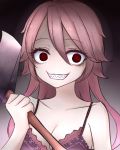  1girl axe bangs bra breasts brown_eyes brown_hair commentary_request crazy_eyes crazy_smile hair_between_eyes highres holding_axe lace-trimmed_bra large_breasts long_hair looking_at_viewer neit_ni_sei original sharp_teeth solo teeth underwear weapon yangire 