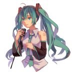  1girl ahoge detached_sleeves green_eyes green_hair hatsune_miku highres kurenai907 long_hair microphone microphone_stand necktie solo twintails upper_body very_long_hair vocaloid white_background 