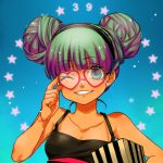  1girl 39 adjusting_glasses alternate_hairstyle alternate_skin_color bangs breasts cleavage collarbone double_bun earrings gift glasses green_eyes green_hair grin hairband hatsune_miku heart-shaped_glasses jewelry mewko shiny smile solo star starry_background tan tank_top upper_body vocaloid 