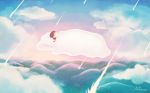  1girl above_clouds artist_name bed brown_hair closed_eyes clouds commentary long_hair meteor_shower nekobungi_sumire original sleeping solo star watermark 