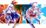  2girls :d adapted_costume alternate_costume bare_shoulders bent_over blue_skirt boots bow breasts cleavage clouds coconut_tree collarbone detached_sleeves dress_shirt fujiwara_no_mokou hair_bow hair_tucking hand_in_hair hands_on_hips hat hijikawa_arashi kamishirasawa_keine large_breasts leaning_forward leg_ribbon long_hair looking_at_viewer multiple_girls navel neckerchief open_mouth palm_tree pigeon-toed ribbon shirt shoes short_sleeves shorts silver_hair skirt sky smile sunset suspenders touhou tree very_long_hair 