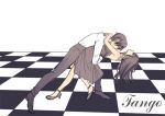  1boy 1girl brown_hair checkered checkered_floor closed_eyes dancing dress english female_saniwa_(touken_ranbu) heshikiri_hasebe high_heels leaning_back saniwa_(touken_ranbu) touken_ranbu tsugumi_(uzurabird) 