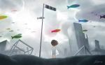  1girl artist_name brown_hair clouds cloudy_sky commentary dress fish flying monochrome nekobungi_sumire original see-through_silhouette short_hair silhouette sky solo watermark white_dress 