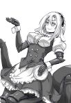  1girl absurdres alternate_costume arachne breasts carapace claws enmaided extra_eyes fleur_de_lapin_uniform framed_breasts gochuumon_wa_usagi_desu_ka? greyscale hairband highres insect_girl maid maid_headdress monochrome monster_girl monster_musume_no_iru_nichijou multiple_legs pd_(seripanda) rachnera_arachnera smile solo spider_girl tray wrist_cuffs 