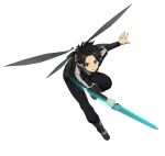  1boy black_clothes black_eyes black_hair highres holding holding_sword holding_weapon kirito kirito_(sao-alo) looking_at_viewer official_art pointy_ears short_hair simple_background solo sword sword_art_online sword_art_online:_code_register weapon white_background wings 