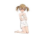  1girl brown_eyes brown_hair embarrassed hair_ornament highres long_hair naked_towel official_art silica simple_background solo sword_art_online sword_art_online:_code_register towel twintails wet wet_hair white_background 