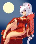  1girl alternate_costume alternate_hairstyle arm_support bare_shoulders bow breasts china_dress chinese_clothes cleavage cleavage_cutout commentary_request detached_sleeves dress fujiwara_no_mokou full_moon hair_bow hijikawa_arashi holding_pipe jpeg_artifacts kiseru long_hair long_sleeves looking_at_viewer moon pelvic_curtain pipe ponytail red_eyes red_shoes shoes sitting smile solo thighs touhou very_long_hair white_bow white_hair wide_sleeves 