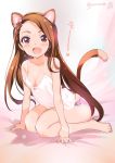  1girl animal_ears arm_support bangs bare_legs bare_shoulders barefoot bow bracelet breasts brown_eyes brown_hair camisole cat_ears cat_tail cleavage earrings hair_bow hairband highres idolmaster inoue_sora jewelry leaning_forward long_hair looking_at_viewer minase_iori open_mouth panties pink_eyes pink_panties print_panties sitting small_breasts solo swept_bangs tail twitter_username underwear underwear_only wariza 