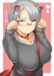  1girl absurdres animal_ears bag between_breasts breasts cat_ears collar fake_animal_ears glasses grey_eyes grey_hair heart highres large_breasts looking_at_viewer natsu_no_shoka original paw_pose ribbed_sweater semi-rimless_glasses smile solo strap_cleavage sweater under-rim_glasses 