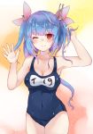  1girl adjusting_hair blue_hair breasts chiune_(yachi) cleavage hair_ribbon i-19_(kantai_collection) kantai_collection large_breasts long_hair one-piece_swimsuit one_eye_closed red_eyes ribbon school_swimsuit smile solo swimsuit twintails waving 