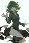  1girl :d achyue aqua_eyes bangs black_dress black_shoes dress flipped_hair green_hair long_sleeves looking_at_viewer no_panties one-punch_man open_mouth pelvic_curtain shoes short_hair simple_background sketch small_breasts smile solo tatsumaki 