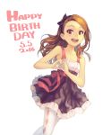  1girl bare_shoulders blush brown_eyes brown_hair dress earrings hairband happy_birthday heart heart_hands idolmaster jewelry long_hair looking_at_viewer minase_iori odibil open_mouth pantyhose simple_background sleeveless sleeveless_dress smile solo white_background white_legwear 