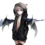  1girl alternate_costume bat_wings black_legwear breasts commentary_request contemporary cowboy_shot hands_in_pockets hood hoodie looking_at_viewer naked_hoodie nazuka_(mikkamisaki) no_bra open_clothes open_hoodie red_eyes remilia_scarlet short_hair silver_hair solo thigh-highs touhou unzipped wings zettai_ryouiki 