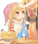  2girls american_flag american_flag_shirt bangs black_dress blush cheese chinese_clothes clownpiece collar commentary_request dress eating fork frilled_collar frills hat jester_cap junko_(touhou) long_hair long_sleeves misha_(hoongju) multiple_girls petting polka_dot pop-up_pirate red_eyes ribbon shirt star striped tabard touhou 