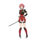  1girl bike_shorts black_shorts character_request green_eyes hand_on_hip highres holding holding_sword holding_weapon japanese_clothes katana official_art open_mouth redhead short_hair shorts shorts_under_skirt simple_background solo sparkle sword sword_art_online sword_art_online:_code_register weapon white_background 