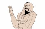  1boy avatar_(series) beard crossed_arms facial_hair gloves hand_up hood hooded_jacket jacket long_sleeves monochrome mustache overwatch parody reaper_(overwatch) shirt short_hair simple_background solo the_legend_of_korra turtleneck upper_body white_background 