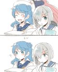  2koma 3girls :d ? ^_^ bare_shoulders blue_eyes blue_hair blush closed_eyes comic double_bun hair_ornament hair_over_one_eye hairclip hamakaze_(kantai_collection) hat hat_removed headwear_removed itomugi-kun kantai_collection long_hair long_sleeves looking_to_the_side multiple_girls open_mouth out_of_frame papers pink_hair sailor_hat school_uniform serafuku short_hair silver_hair simple_background smile urakaze_(kantai_collection) uzuki_(kantai_collection) white_background 