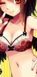  1girl bare_shoulders black_hair black_wings bow bow_bra bra breasts cleavage collarbone fua_yuu hand_on_hip jpeg_artifacts lace-trimmed_bra midriff nail_polish navel one_eye_closed red_bra red_eyes red_nails shameimaru_aya short_hair smile solo striped touhou underwear underwear_only v vertical-striped_background vertical_stripes wings yellow_background 