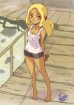  1girl alternate_costume alternate_hairstyle arms_behind_back blonde_hair breasts casual cleavage dark_skin gravity_daze gravity_daze_2 kitten_(gravity_daze) looking_at_viewer oyster_(artist) short_shorts shorts solo tank_top 