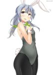  1girl animal_ears bow bowtie bunny_tail bunnysuit covered_navel detached_collar grey_eyes hair_ornament hair_scrunchie kankitsunabe_(citrus) kantai_collection long_hair pantyhose rabbit_ears scrunchie silver_hair solo standing tail wrist_cuffs yamagumo_(kantai_collection) 