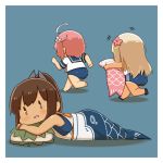  /\/\/\ 3girls ahoge ass back barefoot blonde_hair blue_swimsuit blush brown_hair capriccyo chasing chibi clenched_hands crop_top fleeing flower food hair_flower hair_ornament holding i-401_(kantai_collection) i-58_(kantai_collection) kantai_collection kashiwa_mochi_(food) kodomo_no_hi koinobori long_hair looking_at_viewer lying mermaid mochi monster_girl multiple_girls on_back one-piece_swimsuit one-piece_tan open_mouth outstretched_arm pillow pink_flower pink_hair ponytail ro-500_(kantai_collection) sailor_collar short_sleeves simple_background sleeveless smile stuffed_toy swimsuit swimsuit_under_clothes tan tanline wagashi white_border 