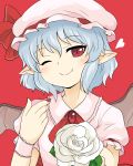  1girl aoi_tobira bat_wings blue_hair bow brooch fang flower hat hat_bow highres jewelry mob_cap nail_polish one_eye_closed pointy_ears red_background red_eyes red_nails remilia_scarlet rose solo touhou white_rose wings 