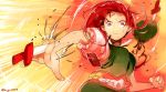  1girl alternate_eye_color blade_catching dagger hat hat_removed headwear_removed hong_meiling leaning_back long_hair puffy_short_sleeves puffy_sleeves red_eyes redhead satoukouki short_sleeves solo touhou twitter_username weapon 