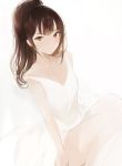  1girl bare_arms bare_legs blush brown_eyes brown_hair character_request copyright_request dress long_hair looking_at_viewer lp_(hamasa00) off_shoulder ponytail simple_background sitting smile solo white_background white_dress 