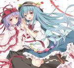  2girls blue_hair capelet erika_(ym0311) food frills fruit hands_together hat hat_ribbon hinanawi_tenshi long_hair long_skirt multiple_girls nagae_iku peach petals purple_hair red_eyes ribbon shawl skirt touhou 