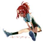  1girl bump_(silk0423) converse copyright_name kiznaiver leaning_forward light_smile ponytail red_eyes redhead school_uniform scrunchie shoes sitting smile sneakers solo takashiro_chidori 