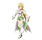  1girl armpits black_skirt blonde_hair boots breasts cleavage detached_sleeves green_eyes hair_ornament highres holding holding_sword holding_weapon leafa long_hair looking_at_viewer official_art pointy_ears ponytail simple_background skirt smile solo sword sword_art_online sword_art_online:_code_register thigh-highs thigh_boots weapon white_background white_legwear 