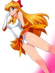  1girl aino_minako bishoujo_senshi_sailor_moon blonde_hair blue_eyes bow cowboy_shot earrings elbow_gloves gloves hair_bow half_updo highres jewelry long_hair looking_at_viewer magical_girl orange_bow orange_skirt panties pleated_skirt red_bow sailor_collar sailor_venus shiny shiny_skin skirt smile solo super_sailor_venus tiara underwear upskirt warabimochi_(pixiv) white_background white_gloves white_panties 