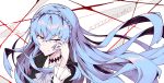  1girl absurdres artist_name black_jacket blue_eyes blue_hair braid character_name commentary_request copyright_name formal frilled_sleeves frills hand_in_hair highres jacket kiznaiver litsvn long_hair long_sleeves looking_to_the_side shirt smile solo sonozaki_noriko 