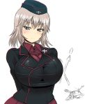  1girl arrow black_jacket blush breasts garrison_cap girls_und_panzer hat is-3 itsumi_erika jacket large_breasts military military_uniform military_vehicle rebis red_shirt shirt short_hair silver_hair simple_background solo tank uniform vehicle white_background 