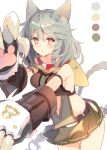  1girl animal_ears armlet bangs belt blush braid breasts center_opening claw_(weapon) collar color_guide cowboy_shot cutout elbow_gloves erun_(granblue_fantasy) eyebrows eyebrows_visible_through_hair gloves granblue_fantasy hair_between_eyes hood long_hair looking_at_viewer looking_to_the_side low-tied_long_hair mayachi_(amuriya) midriff miniskirt open_mouth orange_eyes outstretched_arms paw_gloves pleated_skirt sen_(granblue_fantasy) sideboob silver_hair simple_background skirt sleeveless solo sweatdrop thighs weapon white_background 