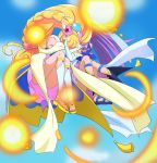  2girls asahina_mirai blonde_hair clouds cure_magical cure_miracle haruyama_kazunori hat izayoi_liko long_hair magical_girl mahou_girls_precure! mini_hat mini_witch_hat multiple_girls pink_hat ponytail precure purple_hair sandals sapphire_style sky witch_hat 