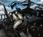  1girl absurdres black_hair black_rock_shooter black_rock_shooter_(character) boots breasts cape checkered front-tie_top gloves glowing glowing_eye highres knee_boots long_hair sg_dorusatobou small_breasts solo sword twintails weapon 