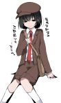  1girl alternate_costume bag black_eyes black_hair blank_eyes brown_jacket closed_mouth coat collared_shirt hammer_(sunset_beach) hat jacket kneehighs long_sleeves looking_at_viewer monogatari_(series) necktie open_clothes open_jacket oshino_ougi red_necktie shameimaru_aya shameimaru_aya_(cosplay) shirt short_hair shorts shoulder_bag simple_background sitting solo touhou translation_request white_background white_shirt wing_collar 