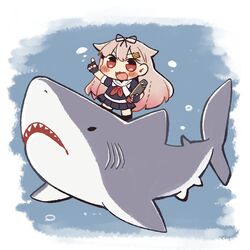  1girl blonde_hair fingerless_gloves gloves great_white_shark hair_flaps hair_ornament hairclip kantai_collection long_hair red_eyes remodel_(kantai_collection) riding same_anko scarf school_uniform serafuku shark standing torpedo white_scarf yuudachi_(kantai_collection) 