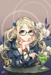  1girl 2016 bangs blonde_hair blue-framed_glasses bracelet closed_mouth cup drink drinking_glass elf erjung eyebrows eyebrows_visible_through_hair fingernails flower gradient gradient_background green_eyes hair_ornament hairclip hand_on_own_chin head_rest highres jacket jewelry lace_trim long_fingernails long_hair long_sleeves looking_at_viewer original plaid pointy_ears signature smile solo swept_bangs table two_side_up upper_body 