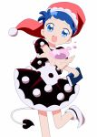  1girl black_dress blob blue_eyes blue_hair book bwell doremy_sweet dress hat multicolored_dress namesake nightcap ojamajo_doremi parody pom_pom_(clothes) solo standing_on_one_leg style_parody tail touhou white_dress 