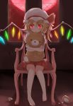  1girl backlighting barefoot blonde_hair blush broken chair crystal flandre_scarlet full_body glowing glowing_eyes hat hat_ribbon hug hug_from_behind indoors knees_together_feet_apart looking_at_viewer miniskirt mob_cap moon nanase-san_(honey_be) pointy_ears puffy_sleeves red_moon ribbon short_sleeves side_ponytail sitting skirt solo stuffed_animal stuffed_toy teddy_bear touhou window wings 