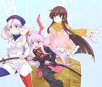  3girls animal_ears brown_eyes brown_hair cart dra hat houraisan_kaguya labcoat long_hair mittens multiple_girls purple_hair rabbit_ears red_eyes reisen_udongein_inaba running scarf touhou very_long_hair violet_eyes wide_sleeves winter_clothes yagokoro_eirin 