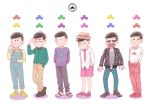  6+boys :&lt; :3 arms_behind_back belt bowl_cut brothers brown_hair clothes_around_waist cosplay costume_switch denim hand_in_pocket hands_in_pockets hat heart heart_in_mouth jacket jeans jumpsuit leather leather_jacket lineup long_sleeves looking_down male_focus matsuno_choromatsu matsuno_choromatsu_(cosplay) matsuno_ichimatsu matsuno_ichimatsu_(cosplay) matsuno_juushimatsu matsuno_juushimatsu_(cosplay) matsuno_karamatsu matsuno_karamatsu_(cosplay) matsuno_osomatsu matsuno_osomatsu_(cosplay) matsuno_todomatsu matsuno_todomatsu_(cosplay) messy_hair multiple_boys necktie osomatsu-kun osomatsu-san overalls pants pink_necktie pink_shorts plaid plaid_shirt porkpie_hat pose saju sandals sextuplets shirt shorts siblings sleeves_rolled_up smile sunglasses sweatshirt tied_sleeves 
