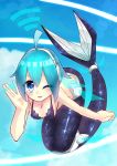  1girl ahoge ange_vierge blue_eyes blue_hair breasts cleavage commentary_request hexagon highres hologram long_hair looking_at_viewer mermaid mermaid_costume monster_girl one_eye_closed open_mouth original science_fiction smile solo teiminfinity 