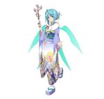  1girl asuna_(sao) asuna_(sao-alo) blue_eyes blue_hair cherry_blossoms full_body fur_collar furisode hair_ornament highres japanese_clothes kimono looking_at_viewer obi official_art outstretched_hand pointy_ears sandals sash simple_background solo standing_on_one_leg sword_art_online sword_art_online:_code_register tabi upscaled white_background white_legwear wings 