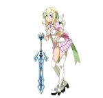  1girl alice_schuberg blonde_hair boots braid breasts cleavage gloves green_eyes green_ribbon hair_ribbon highres long_hair official_art pointy_ears ribbon simple_background smile solo sword sword_art_online sword_art_online:_code_register thigh-highs thigh_boots twin_braids weapon white_background white_gloves white_legwear 
