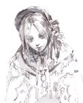  1girl bangs bloodborne bonnet commentary_request expressionless eyes_visible_through_hair flower greyscale jikan_hakushaku looking_at_viewer monochrome plain_doll shawl sketch solo white_background 