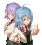  2girls :o ahoge back-to-back bangs black_necktie blue_hair blush braid closed_mouth eyebrows eyebrows_visible_through_hair eyelashes flat_chest from_above gakusen_toshi_asterisk hair_between_eyes hair_ornament hand_on_hip jacket lavender_hair long_hair long_sleeves looking_at_viewer multiple_girls necktie pinakes purple_hair red_eyes sasamiya_saya school_uniform short_necktie simple_background smile toudou_kirin two_side_up upper_body v violet_eyes white_background wristband 