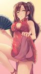  1girl bare_shoulders breasts brown_hair china_dress chinese_clothes cleavage cleavage_cutout dress dress_lift earrings eyeliner fan folding_fan hair_ornament jewelry large_breasts leg_up makeup nail_polish nakaichi_(ridil) original pelvic_curtain red_dress red_nails solo twintails yellow_eyes 
